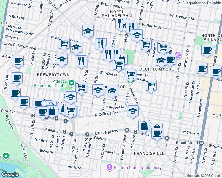 map of restaurants, bars, coffee shops, grocery stores, and more near 2231 Stewart Street in Philadelphia