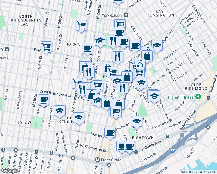 map of restaurants, bars, coffee shops, grocery stores, and more near 131 West Wilt Street in Philadelphia