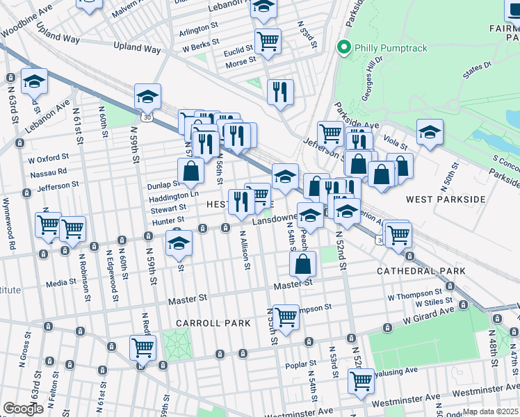 map of restaurants, bars, coffee shops, grocery stores, and more near 1621 North 55th Street in Philadelphia
