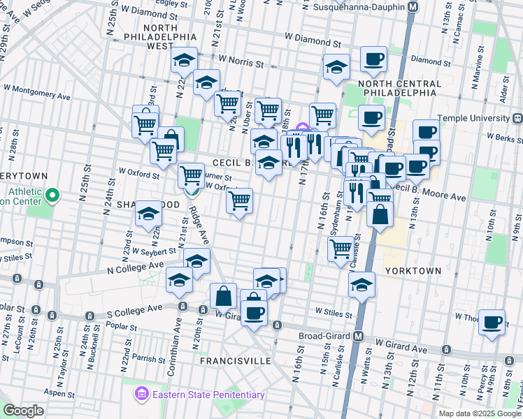 map of restaurants, bars, coffee shops, grocery stores, and more near 1525 North Gratz Street in Philadelphia