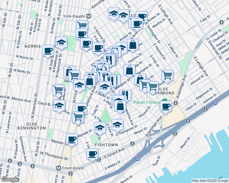 map of restaurants, bars, coffee shops, grocery stores, and more near 2003 Memphis Street in Philadelphia