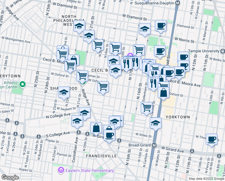 map of restaurants, bars, coffee shops, grocery stores, and more near 1525 North Gratz Street in Philadelphia