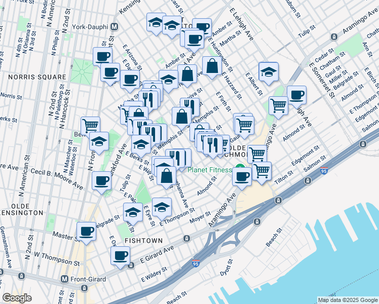 map of restaurants, bars, coffee shops, grocery stores, and more near 2409 East Dauphin Street in Philadelphia