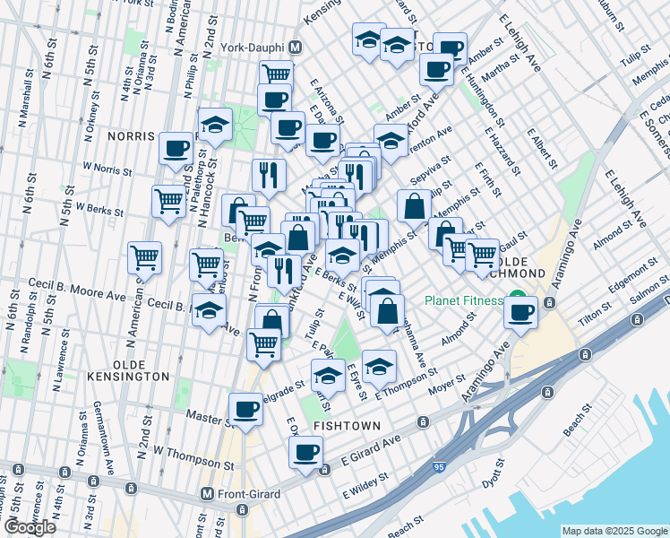 map of restaurants, bars, coffee shops, grocery stores, and more near 1636 East Hewson Street in Philadelphia
