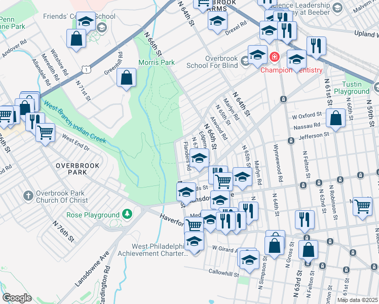 map of restaurants, bars, coffee shops, grocery stores, and more near 1027 Flanders Road in Philadelphia