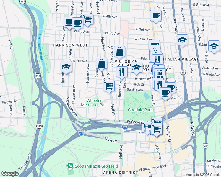 map of restaurants, bars, coffee shops, grocery stores, and more near Neil Avenue & Buttles Avenue in Columbus