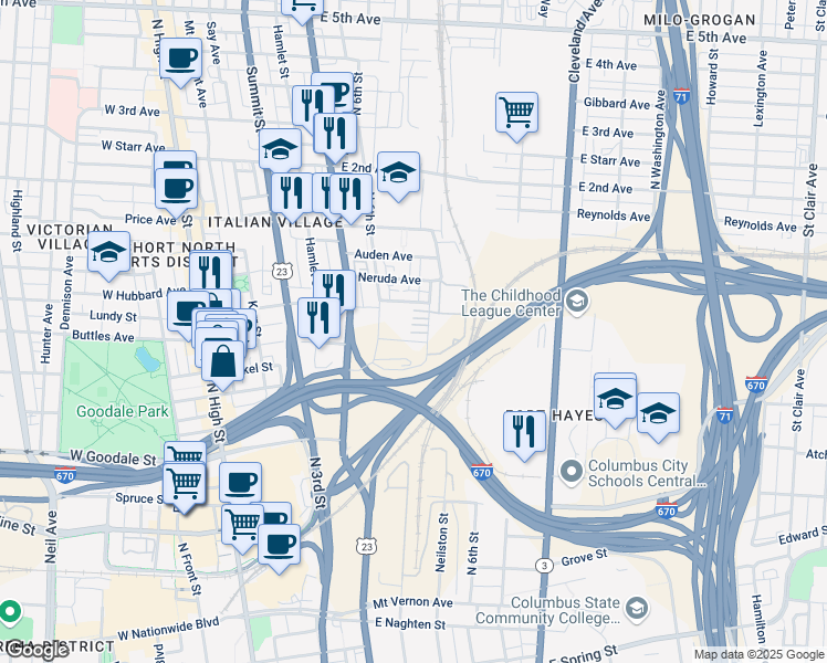 map of restaurants, bars, coffee shops, grocery stores, and more near 711 Civitas Avenue in Columbus