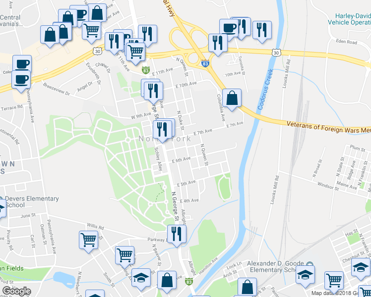 map of restaurants, bars, coffee shops, grocery stores, and more near 1028 North Duke Street in York