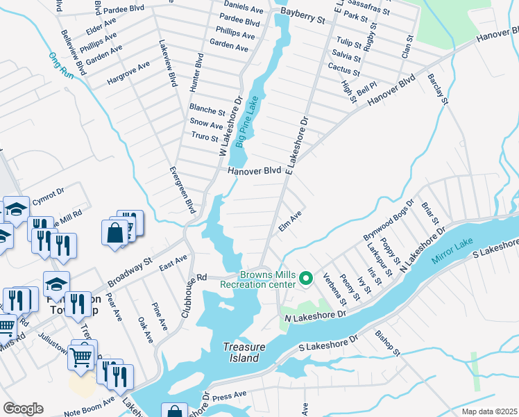 map of restaurants, bars, coffee shops, grocery stores, and more near 354 Woodbine Street in Browns Mills
