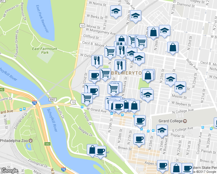 map of restaurants, bars, coffee shops, grocery stores, and more near 1348 North Myrtlewood Street in Philadelphia