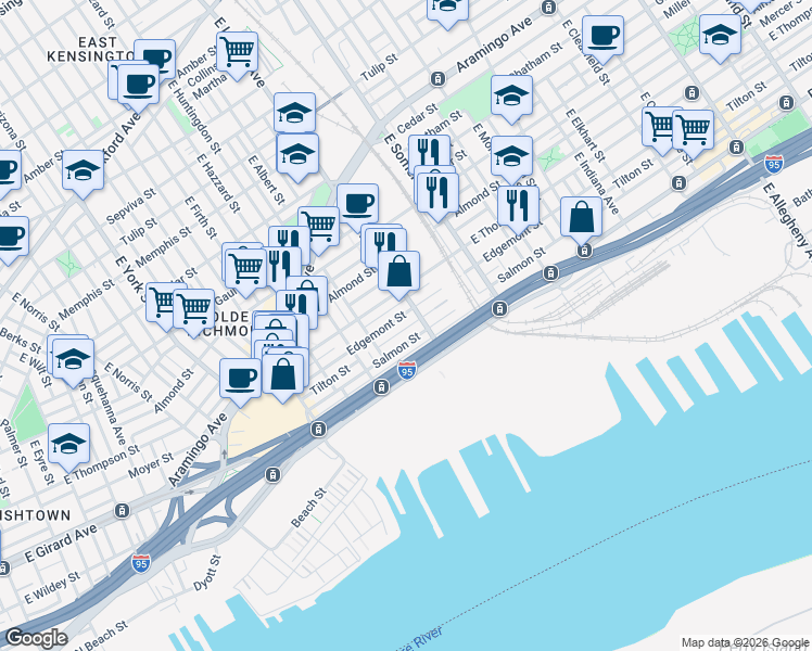 map of restaurants, bars, coffee shops, grocery stores, and more near 2672 Tilton Street in Philadelphia