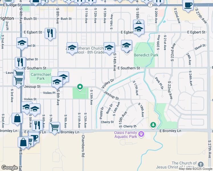 map of restaurants, bars, coffee shops, grocery stores, and more near 499 South 13th Avenue in Brighton