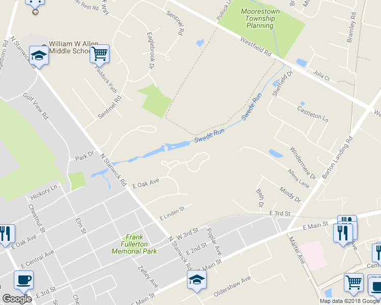 map of restaurants, bars, coffee shops, grocery stores, and more near 443 Windrow Clusters Drive in Moorestown