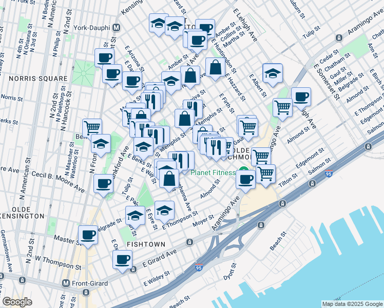 map of restaurants, bars, coffee shops, grocery stores, and more near 2407 East Dauphin Street in Philadelphia