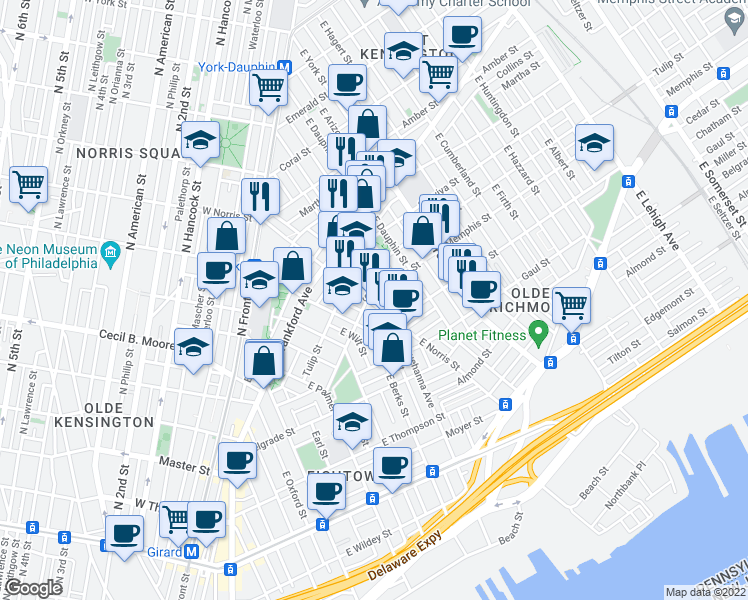 map of restaurants, bars, coffee shops, grocery stores, and more near 2003 Memphis Street in Philadelphia