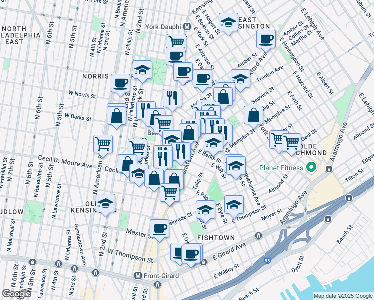 map of restaurants, bars, coffee shops, grocery stores, and more near 1839-47 Blair Street in Philadelphia
