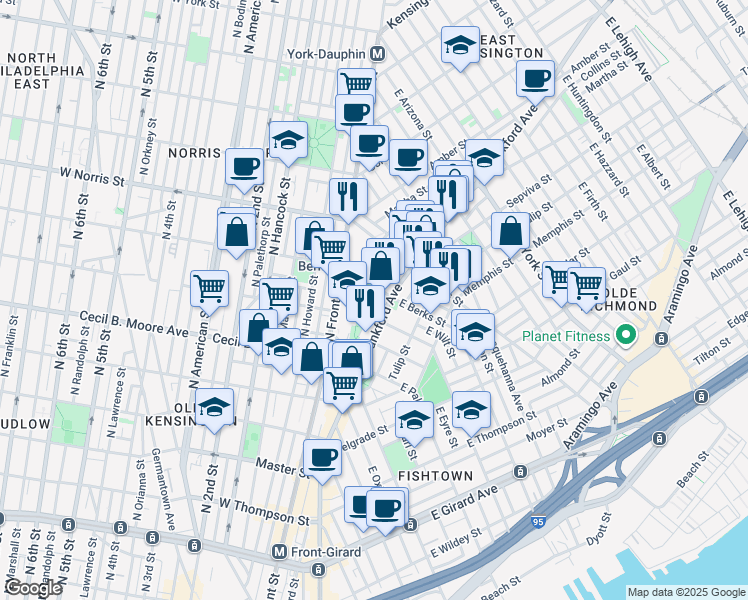 map of restaurants, bars, coffee shops, grocery stores, and more near 1800-56 Blair Street in Philadelphia