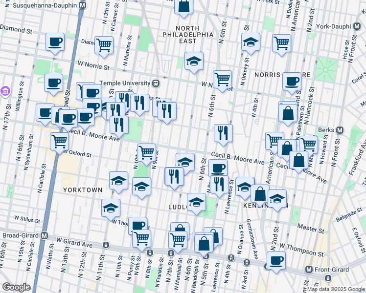 map of restaurants, bars, coffee shops, grocery stores, and more near in Philadelphia