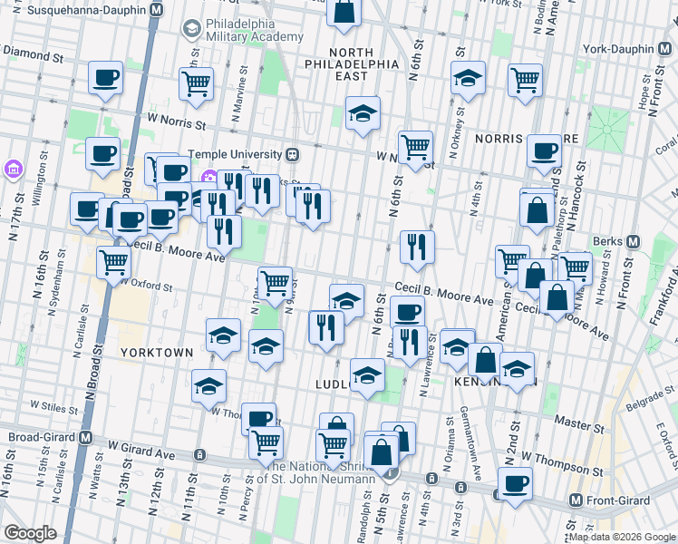 map of restaurants, bars, coffee shops, grocery stores, and more near in Philadelphia