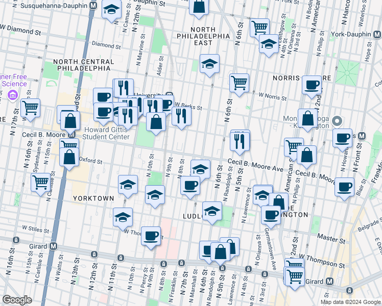 map of restaurants, bars, coffee shops, grocery stores, and more near 1725-51 North 9th Street in Philadelphia
