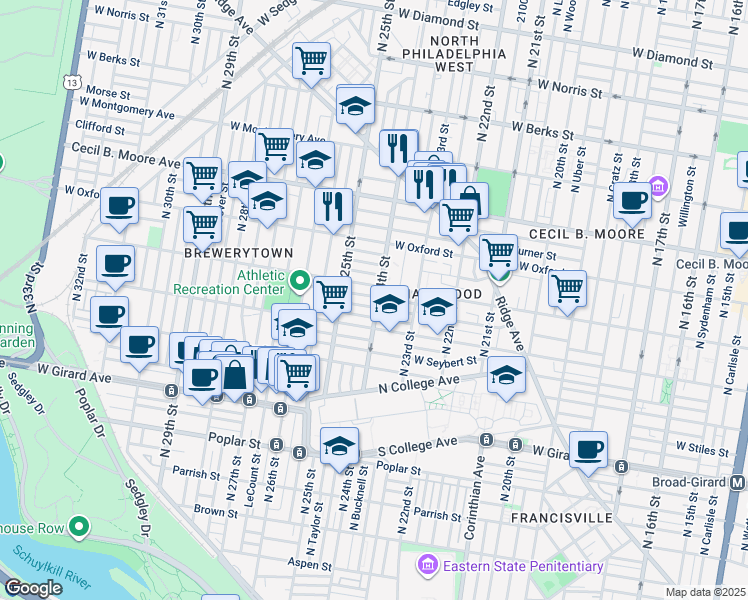 map of restaurants, bars, coffee shops, grocery stores, and more near in Philadelphia