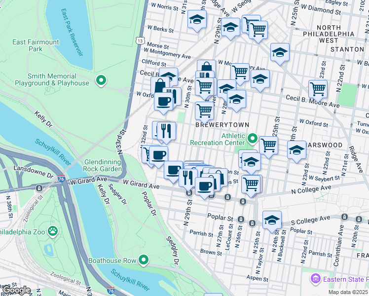 map of restaurants, bars, coffee shops, grocery stores, and more near 1348 North Myrtlewood Street in Philadelphia