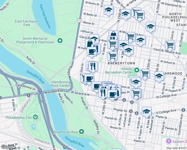map of restaurants, bars, coffee shops, grocery stores, and more near 3041 Master Street in Philadelphia