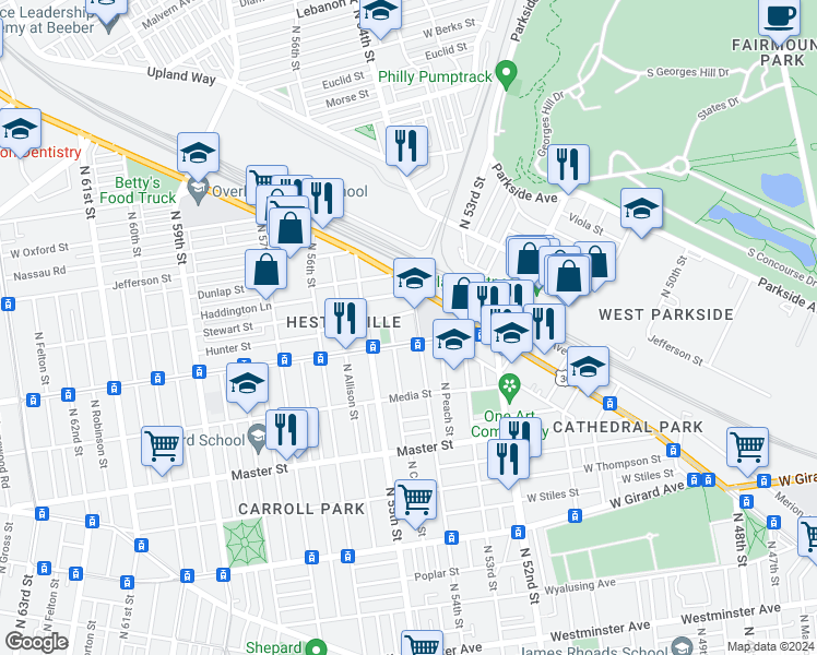 map of restaurants, bars, coffee shops, grocery stores, and more near 5427 Hunter Street in Philadelphia