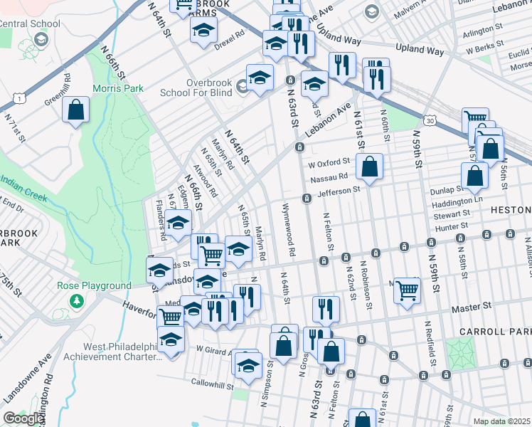 map of restaurants, bars, coffee shops, grocery stores, and more near 1003 Marlyn Road in Philadelphia