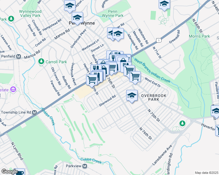 map of restaurants, bars, coffee shops, grocery stores, and more near 7556 Overbrook Avenue in Philadelphia