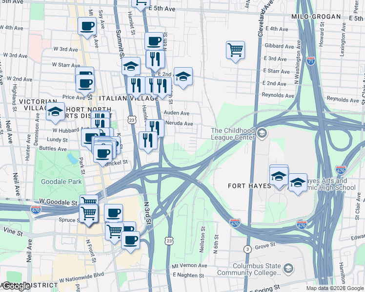 map of restaurants, bars, coffee shops, grocery stores, and more near 752 North 6th Street in Columbus