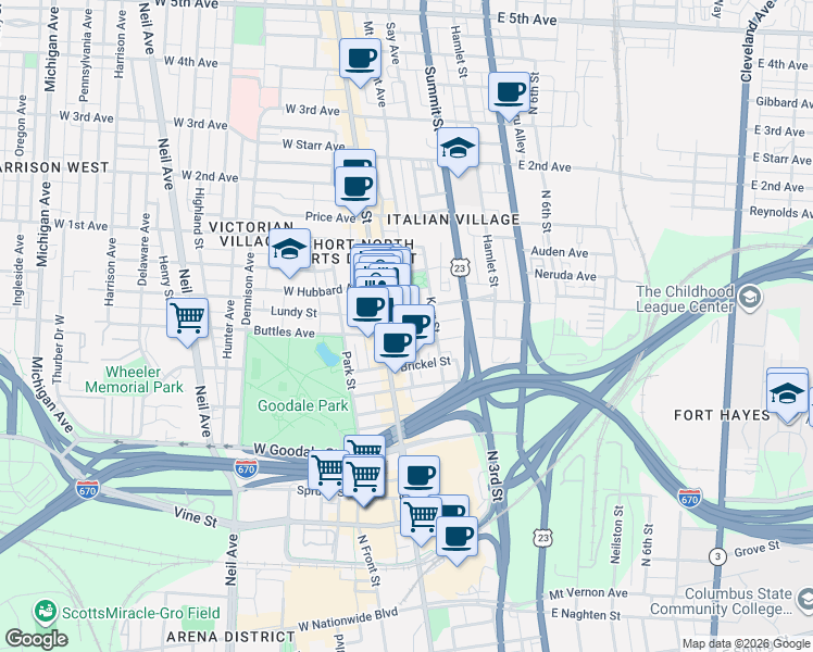 map of restaurants, bars, coffee shops, grocery stores, and more near in Columbus