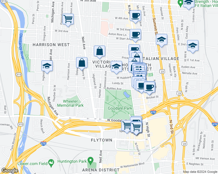 map of restaurants, bars, coffee shops, grocery stores, and more near 178 Buttles Avenue in Columbus