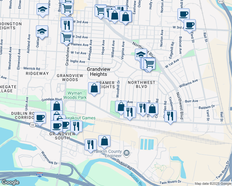 map of restaurants, bars, coffee shops, grocery stores, and more near 947 Woodhill Drive in Grandview Heights
