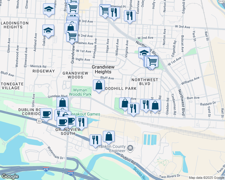 map of restaurants, bars, coffee shops, grocery stores, and more near 967 Kramer Avenue in Columbus
