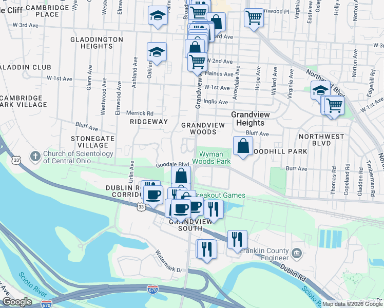 map of restaurants, bars, coffee shops, grocery stores, and more near 887 Terrace Drive in Grandview Heights