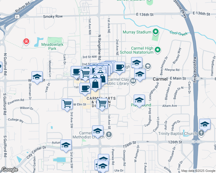 map of restaurants, bars, coffee shops, grocery stores, and more near 111 East Main Street in Carmel