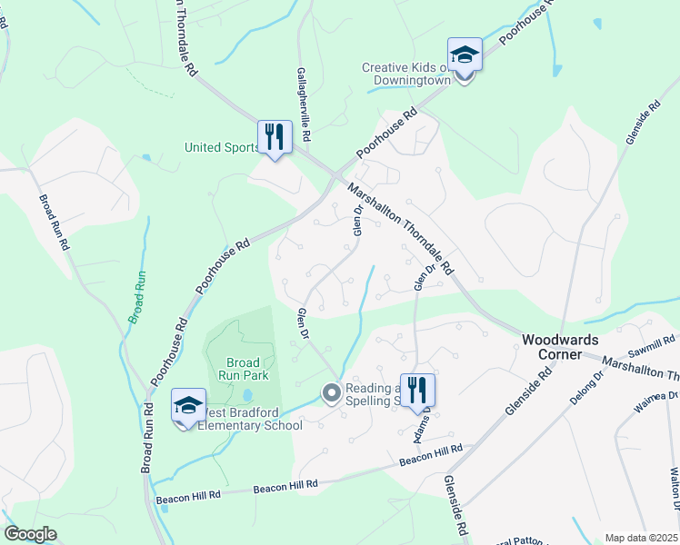 map of restaurants, bars, coffee shops, grocery stores, and more near 1601 Russell Drive in Downingtown