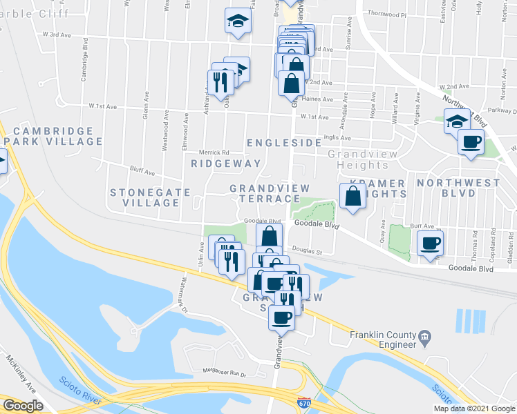 map of restaurants, bars, coffee shops, grocery stores, and more near 1010 Broadview Ave in Grandview Heights