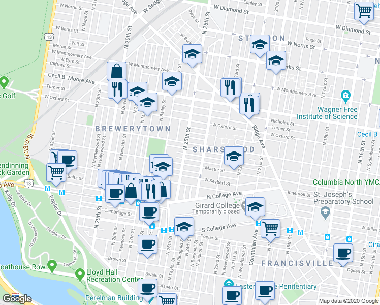 map of restaurants, bars, coffee shops, grocery stores, and more near 2439 Sharswood Street in Philadelphia