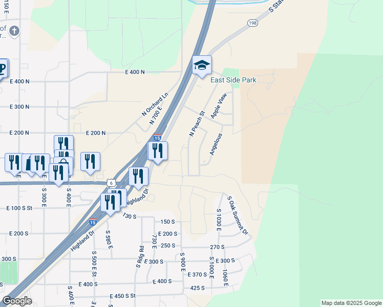 map of restaurants, bars, coffee shops, grocery stores, and more near 124 North Peach Street in Santaquin