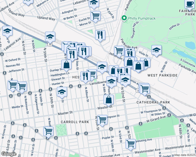 map of restaurants, bars, coffee shops, grocery stores, and more near 1611 North Conestoga Street in Philadelphia