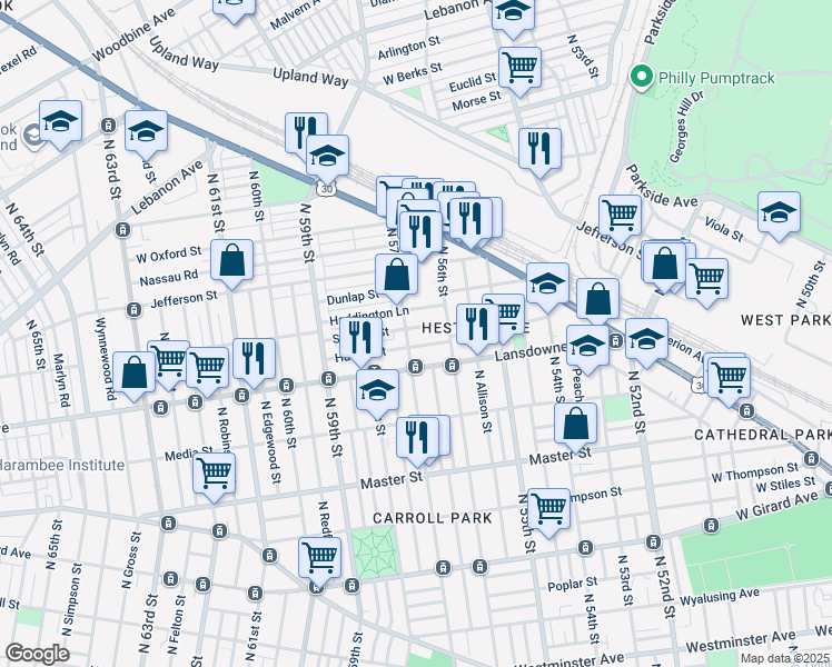 map of restaurants, bars, coffee shops, grocery stores, and more near 5642 Stewart Street in Philadelphia