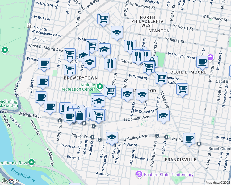 map of restaurants, bars, coffee shops, grocery stores, and more near 2439 Sharswood Street in Philadelphia
