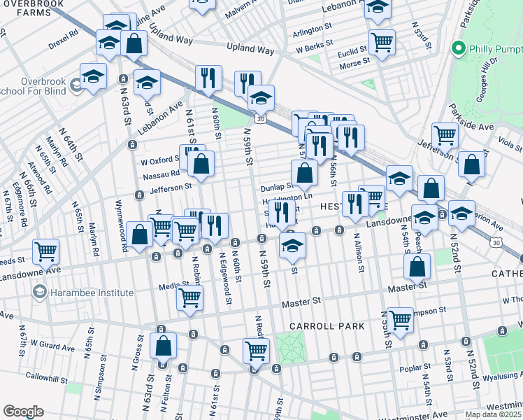 map of restaurants, bars, coffee shops, grocery stores, and more near 1643 North 59th Street in Philadelphia