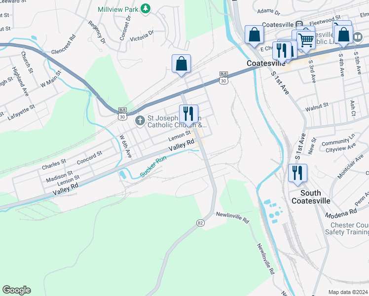 map of restaurants, bars, coffee shops, grocery stores, and more near 352 Valley Road in Coatesville