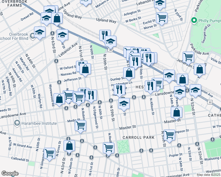 map of restaurants, bars, coffee shops, grocery stores, and more near 1643 North 59th Street in Philadelphia