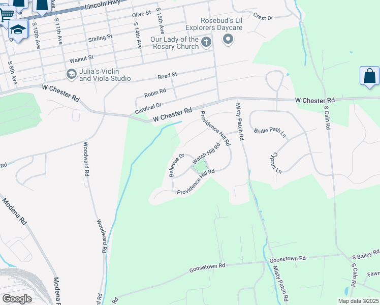 map of restaurants, bars, coffee shops, grocery stores, and more near 103 Bellevue Drive in Coatesville