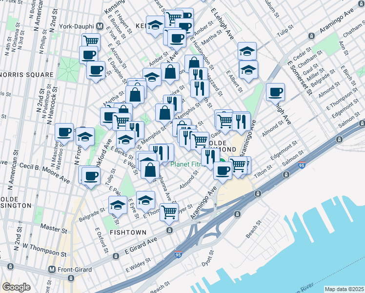 map of restaurants, bars, coffee shops, grocery stores, and more near 2405 East York Street in Philadelphia