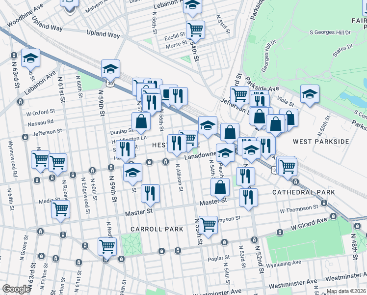 map of restaurants, bars, coffee shops, grocery stores, and more near 1644 North 55th Street in Philadelphia
